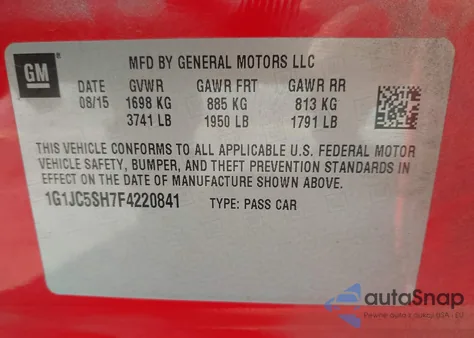 2015 Chevrolet Sonic Lt Auto z USA, uszkodzony, nr VIN 1G1JC5SH7F4220841